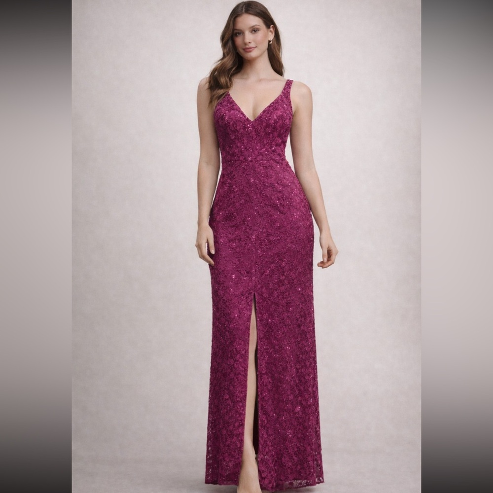 Kay Unger Fuchsia lace Sequin sleeveless Prom long Dress